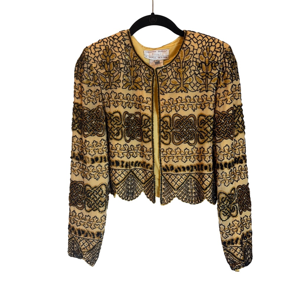 Adrianna Papell Evening Vintage 1994 Silk Beaded Sequin Bolero Jacket Gold Black